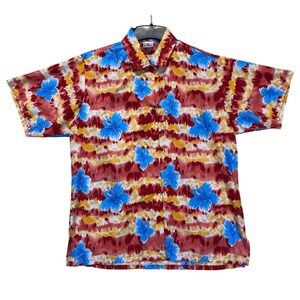 La Leela Mens Hibiscus Tropical Tie Dye Button Down Shirt Red Yellow Blue Size M